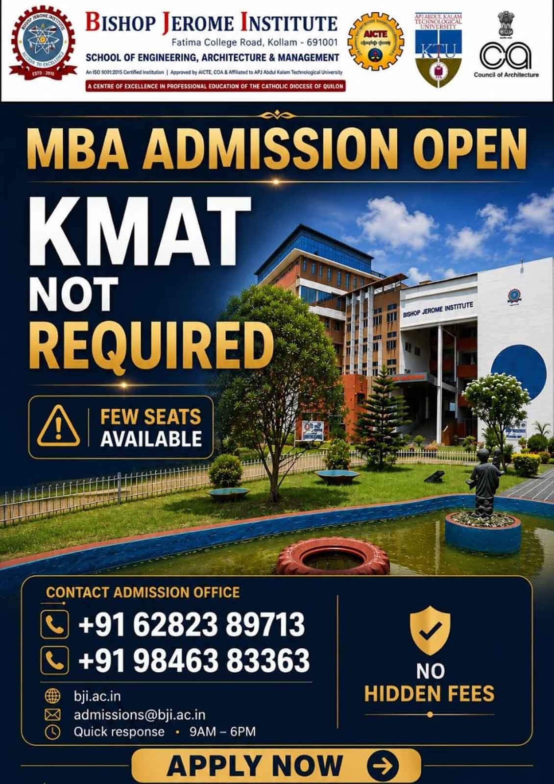 MBA Admission Open at Bishop Jerome Institute, Kollam: KMAT Not Required